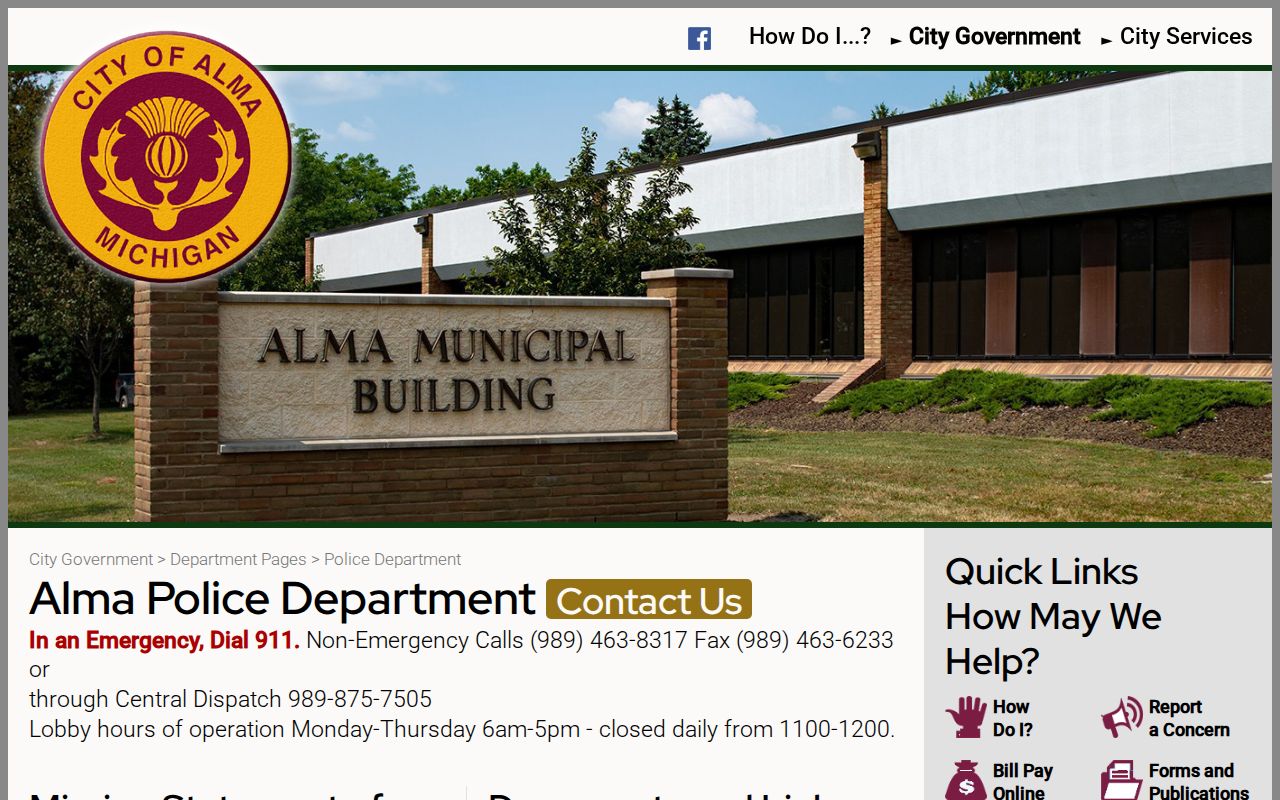Alma criminal records page for the Alma Police Department