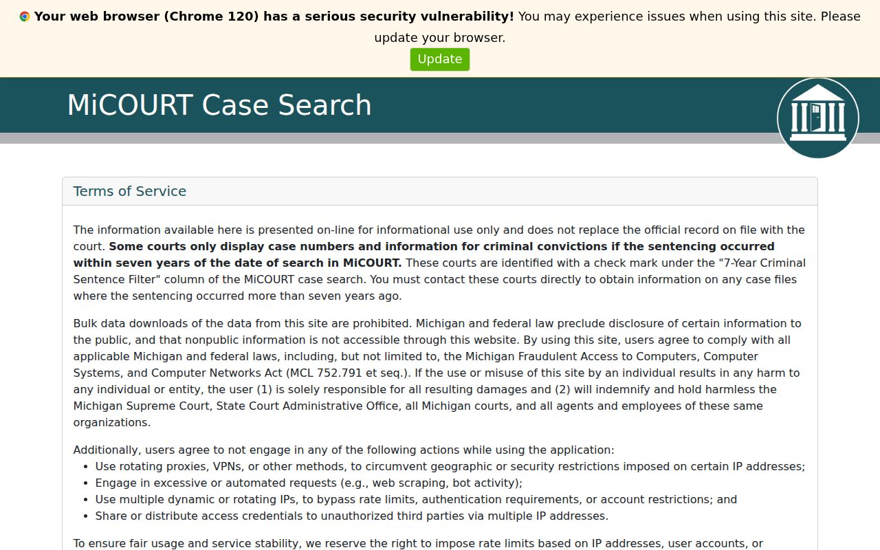 Gratiot County criminal court case search in MiCOURT