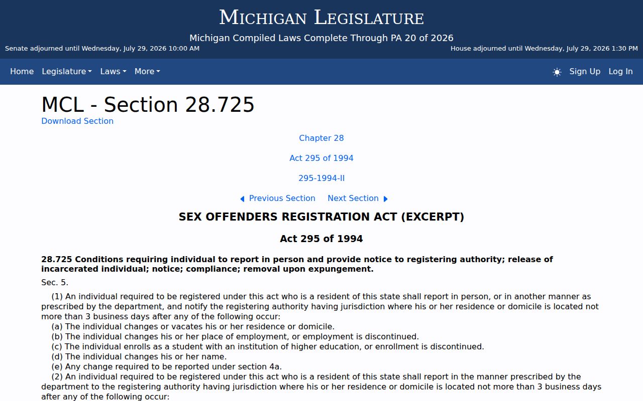 Michigan registration periods for Gratiot County sex offender records