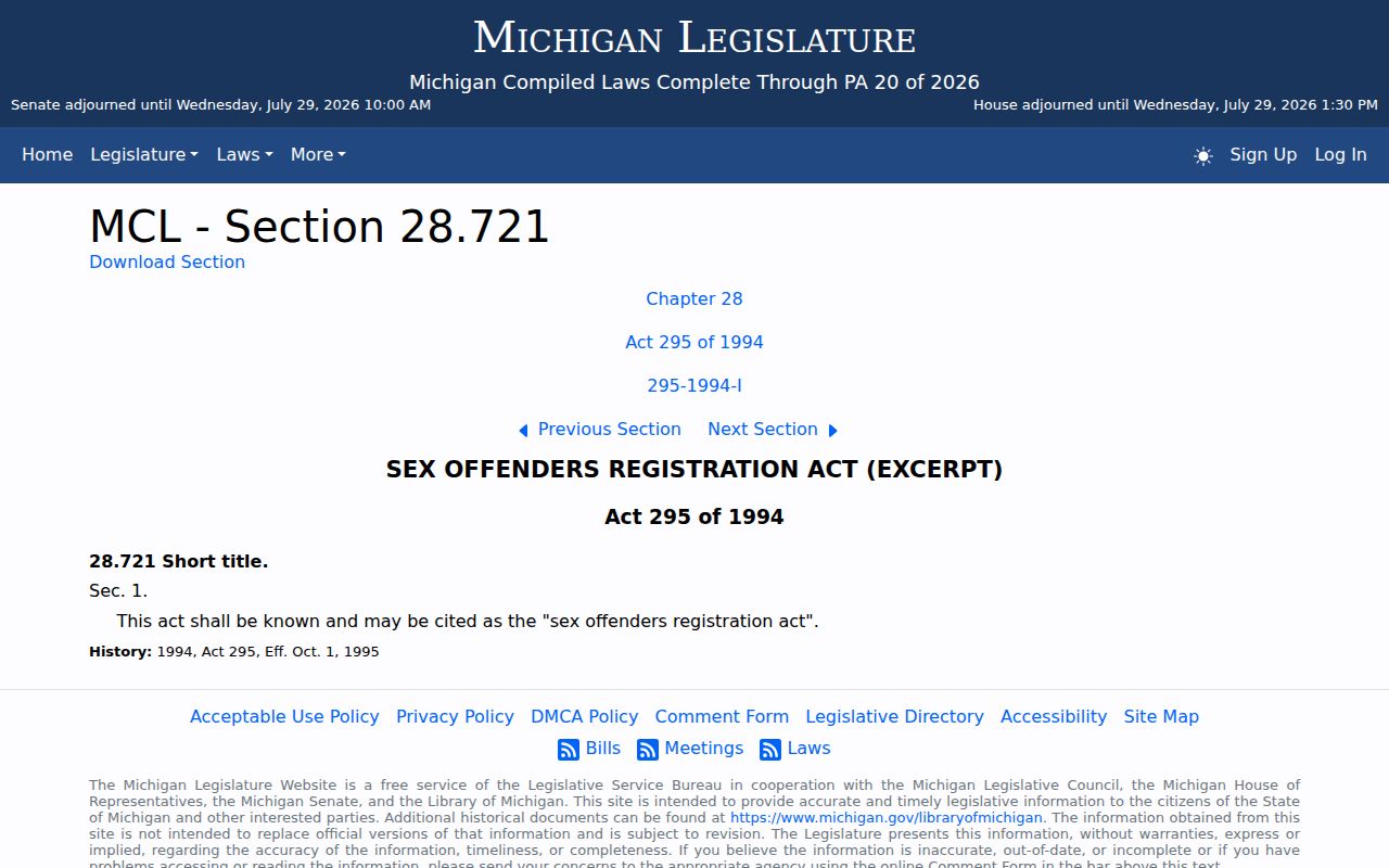 Michigan Sex Offenders Registration Act for Gratiot County registry use